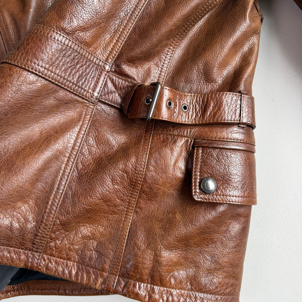 NWT Belstaff (L/XL) Turner Leather Brown Partial-Belt Motorcycle Jacket