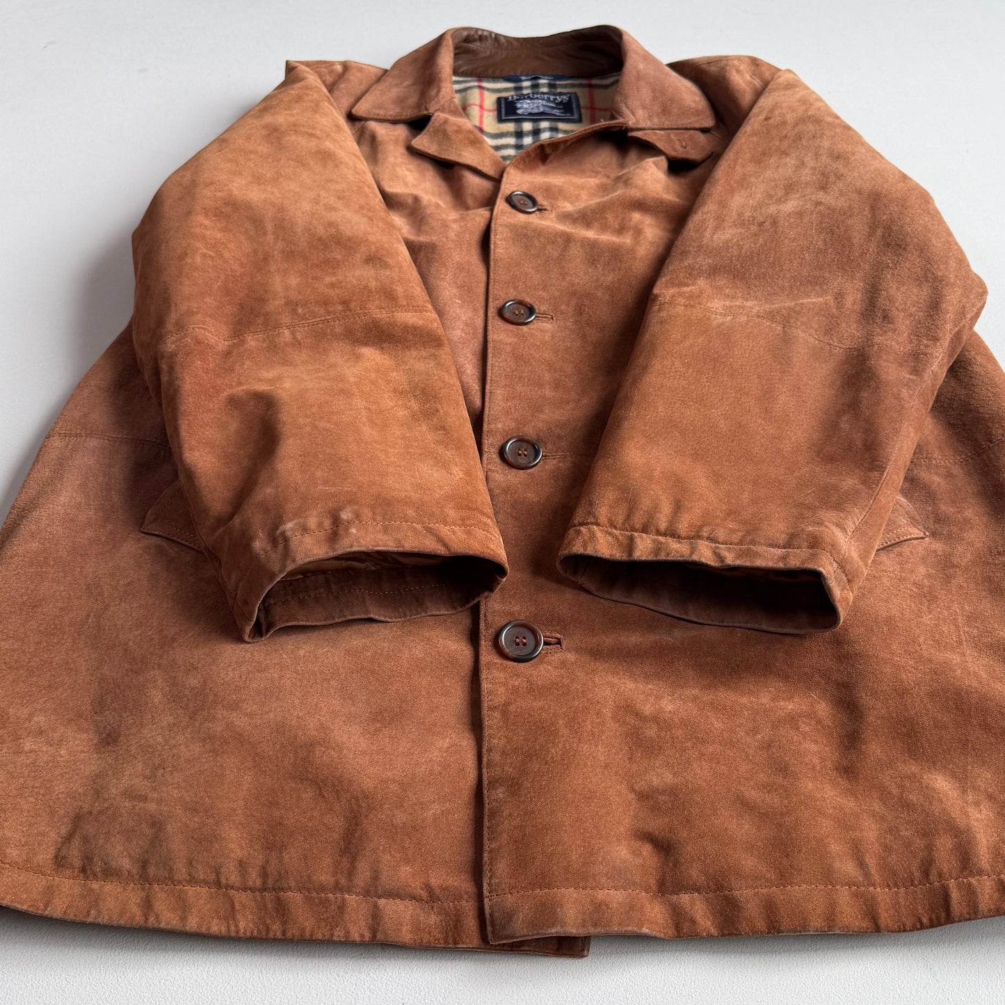 Burberry (52 /54) Suede Nova Check Raglan Balmacaan Leather Coat