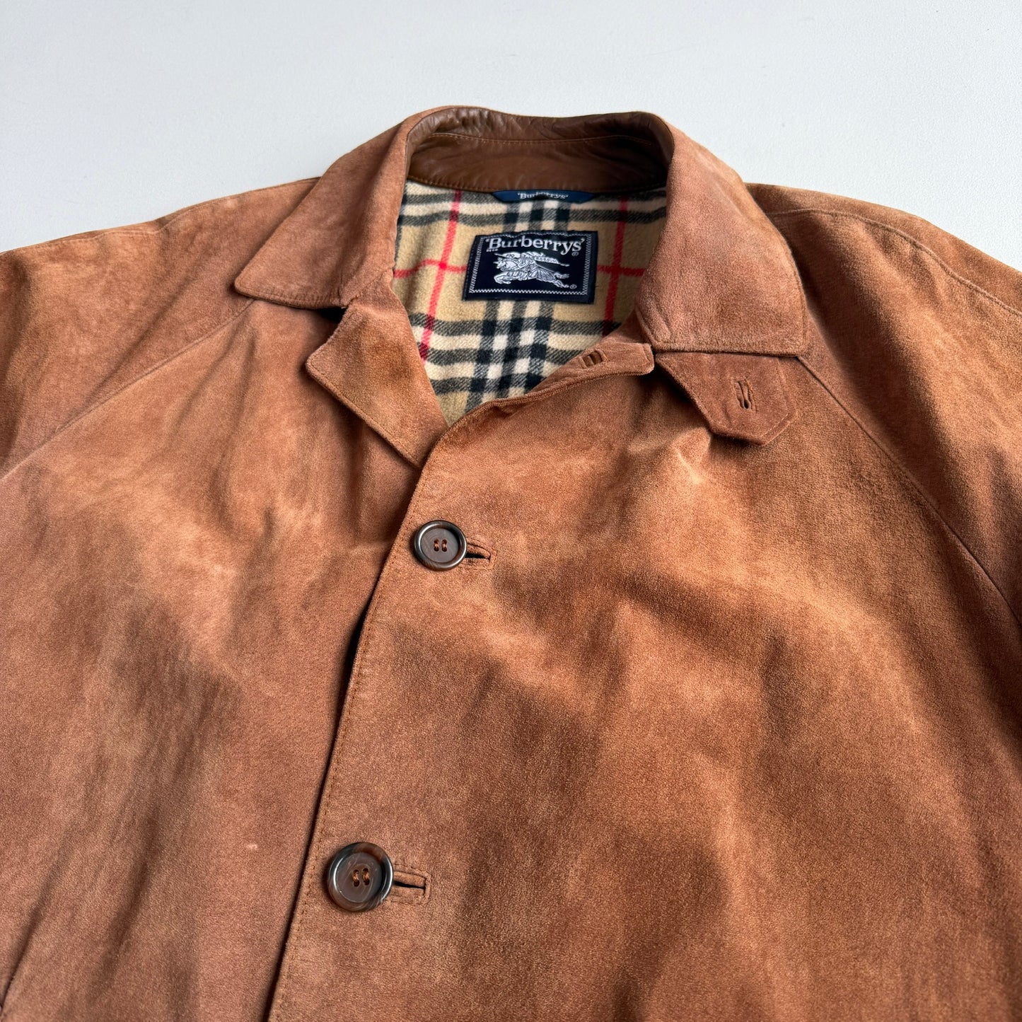 Burberry (52 /54) Suede Nova Check Raglan Balmacaan Leather Coat