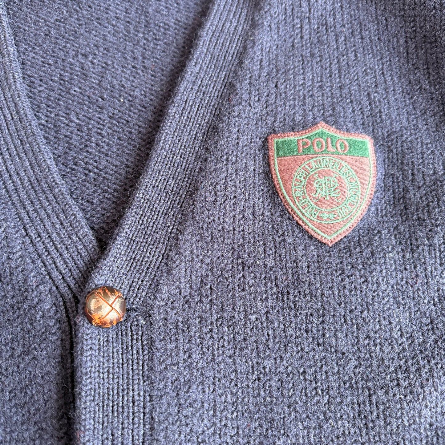 VNTG Polo Ralph Lauren (L) 100% Wool Crest/Shield Navy Blue Cardigan Sweater
