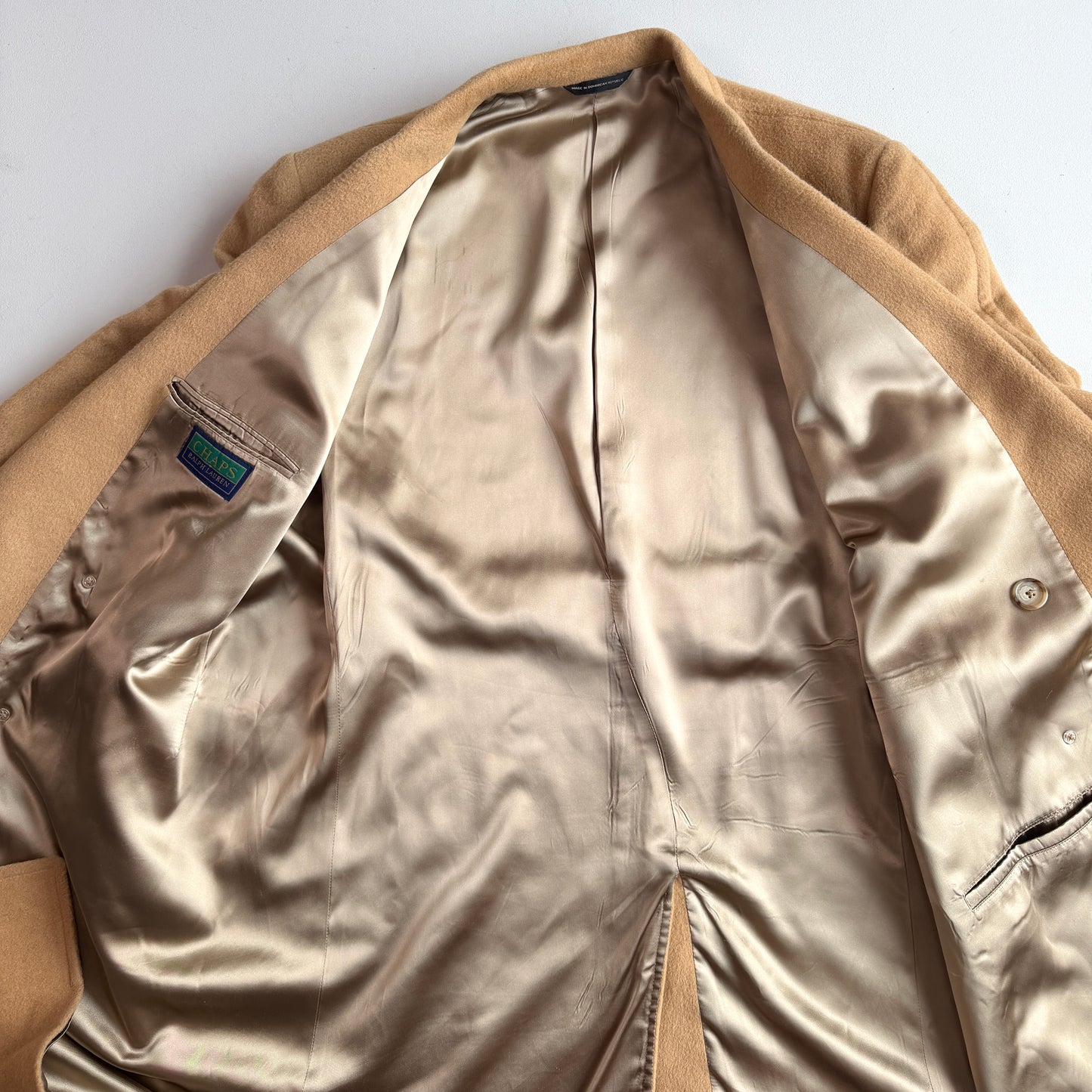 VNTG Ralph Lauren Chaps (46) Camel Wool Double Breasted Half-Belt Overcoat