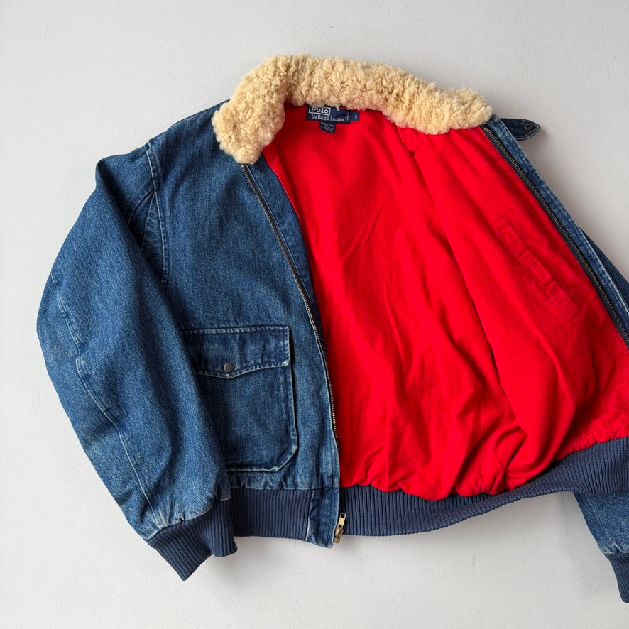 VNTG Polo Ralph Lauren (S) Shearling Collar Denim Flannel Lined Bomber Jacket