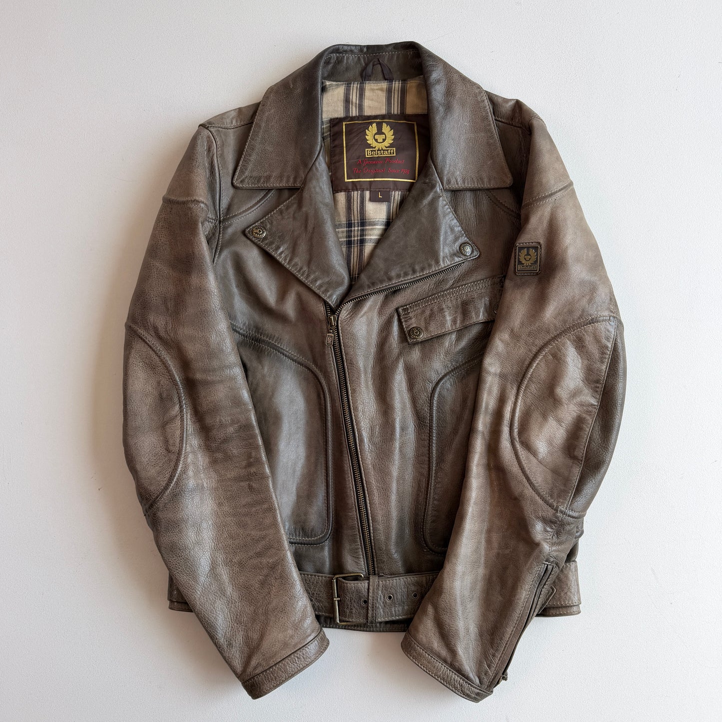 Belstaff Gold Label (L) Taupe Leather Belted Asymmetrical Zip Jacket