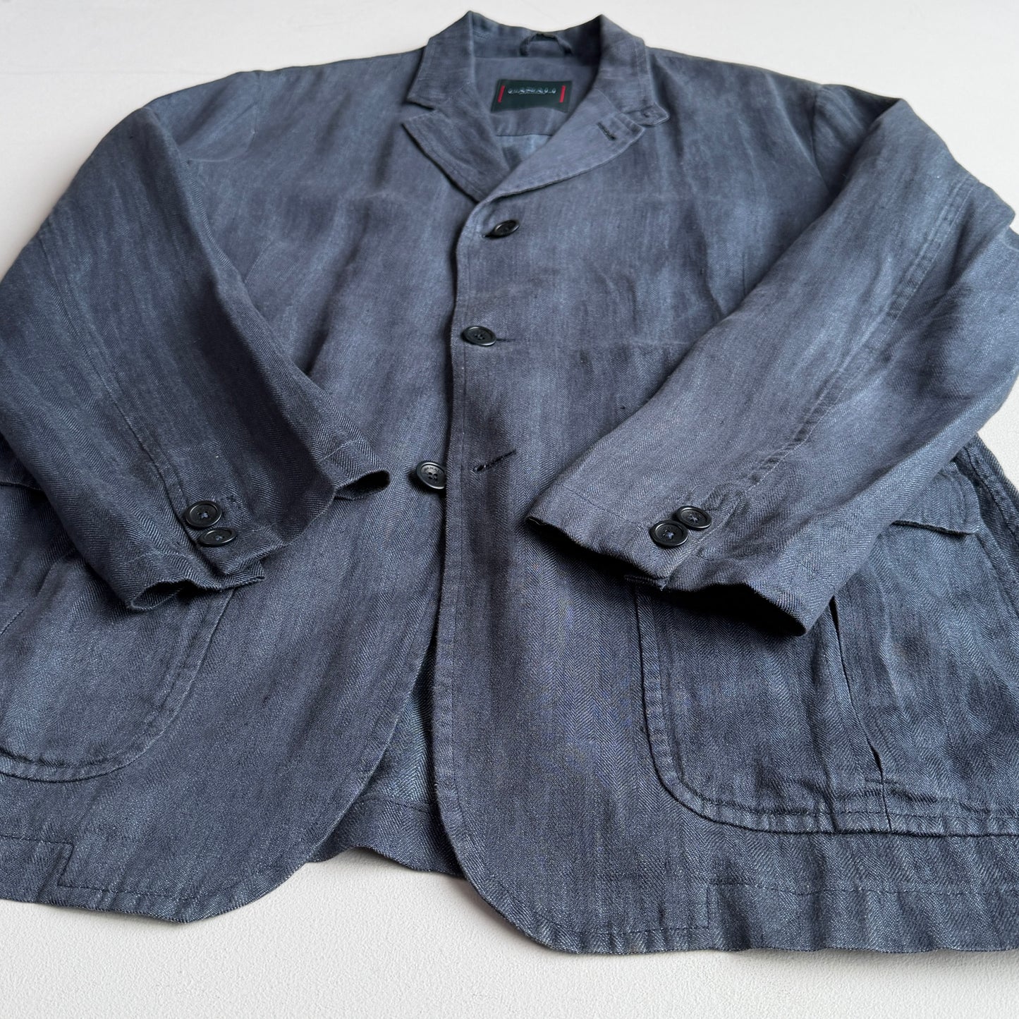 Canali (52 / L) Half-Norfolk 100% Linen Slate Blue Unstructured Sport Coat