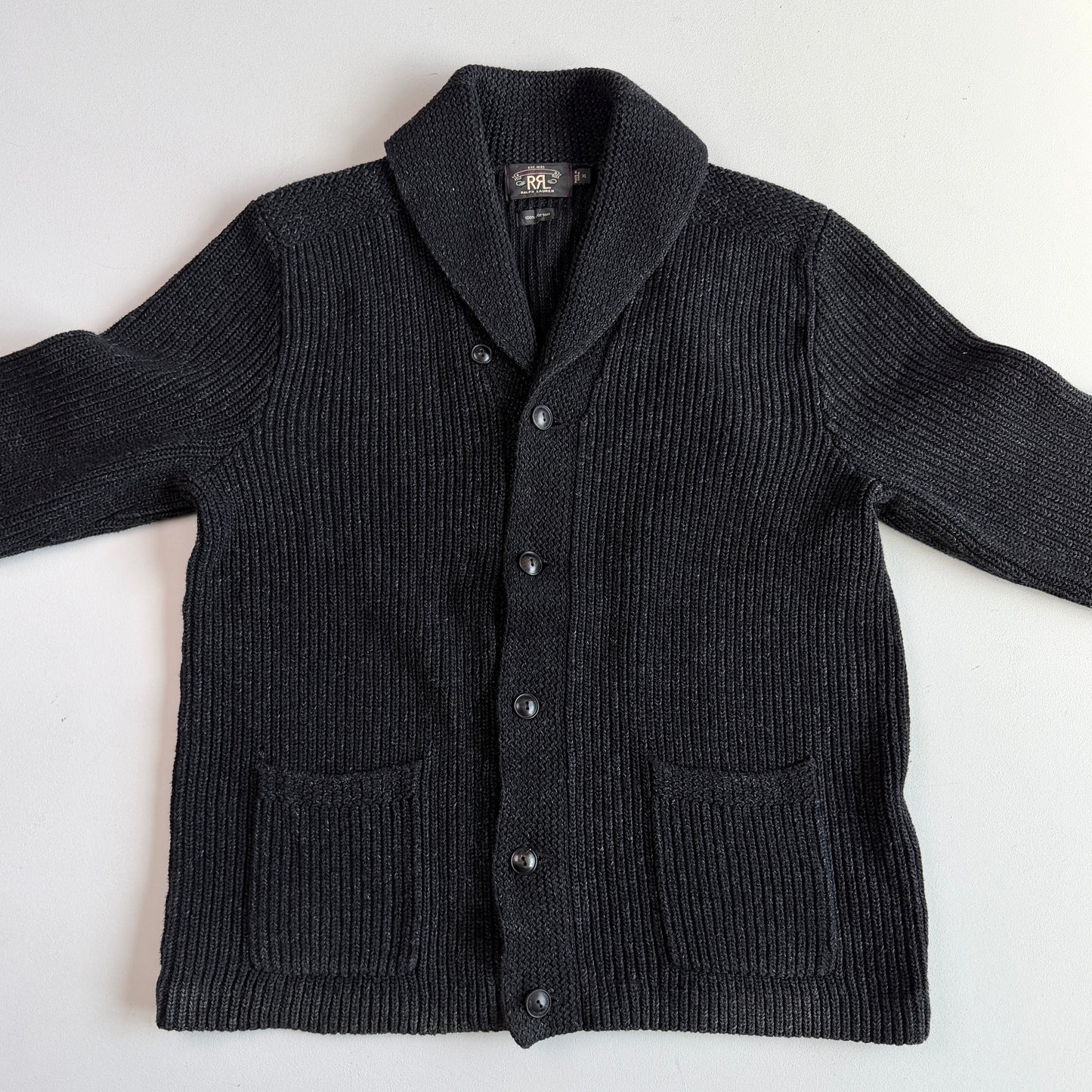 NWOT RRL Ralph Lauren (XL) 100% Cotton Dyed Black Cardigan Sweater