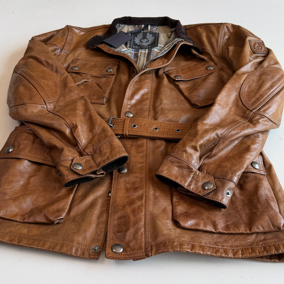 NWT Belstaff (58IT / 2XLT) Panther Cognac Four Pocket Leather Motorcycle Jacket