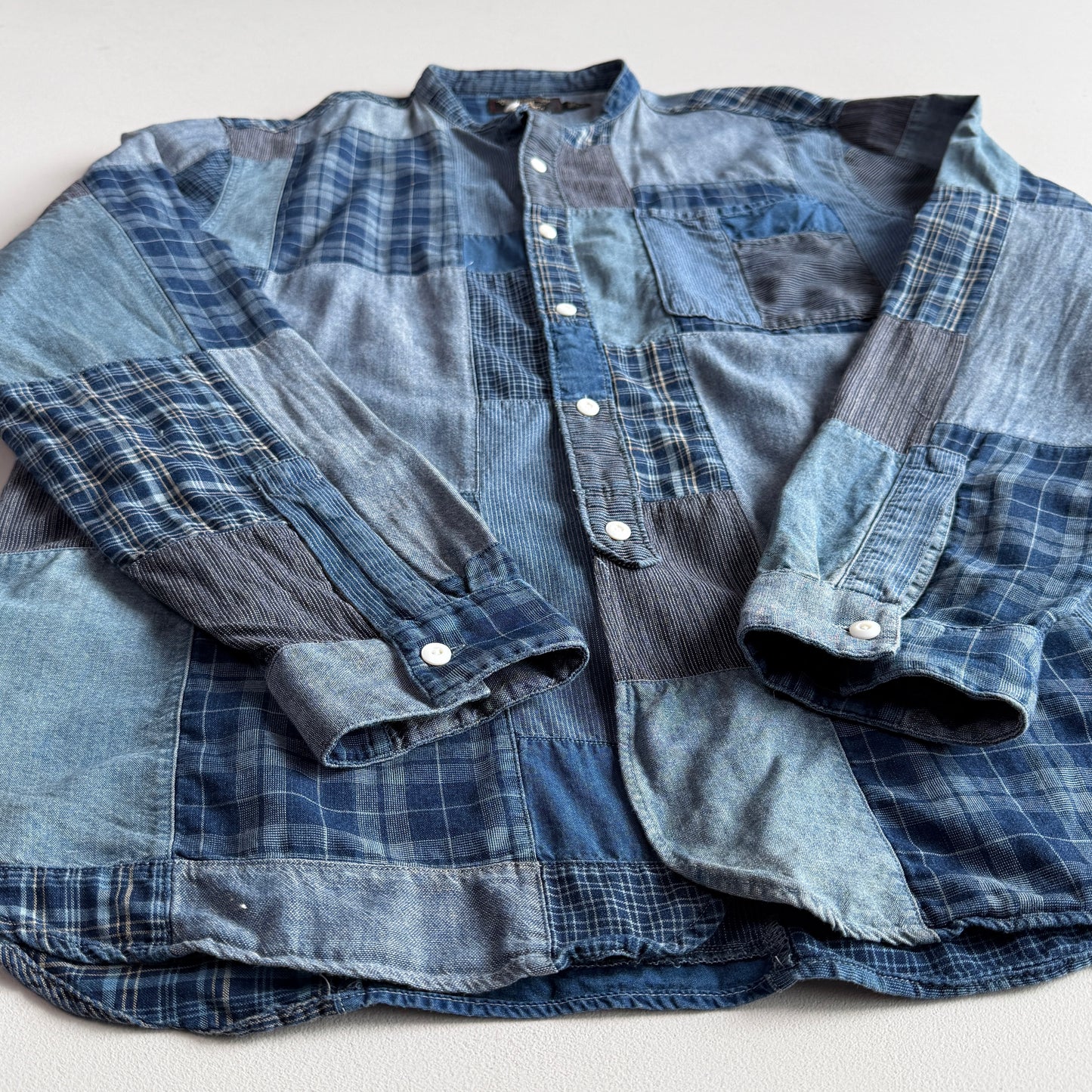 RRL Ralph Lauren (L) Indigo Patchwork Band Collar Button Front Shirt
