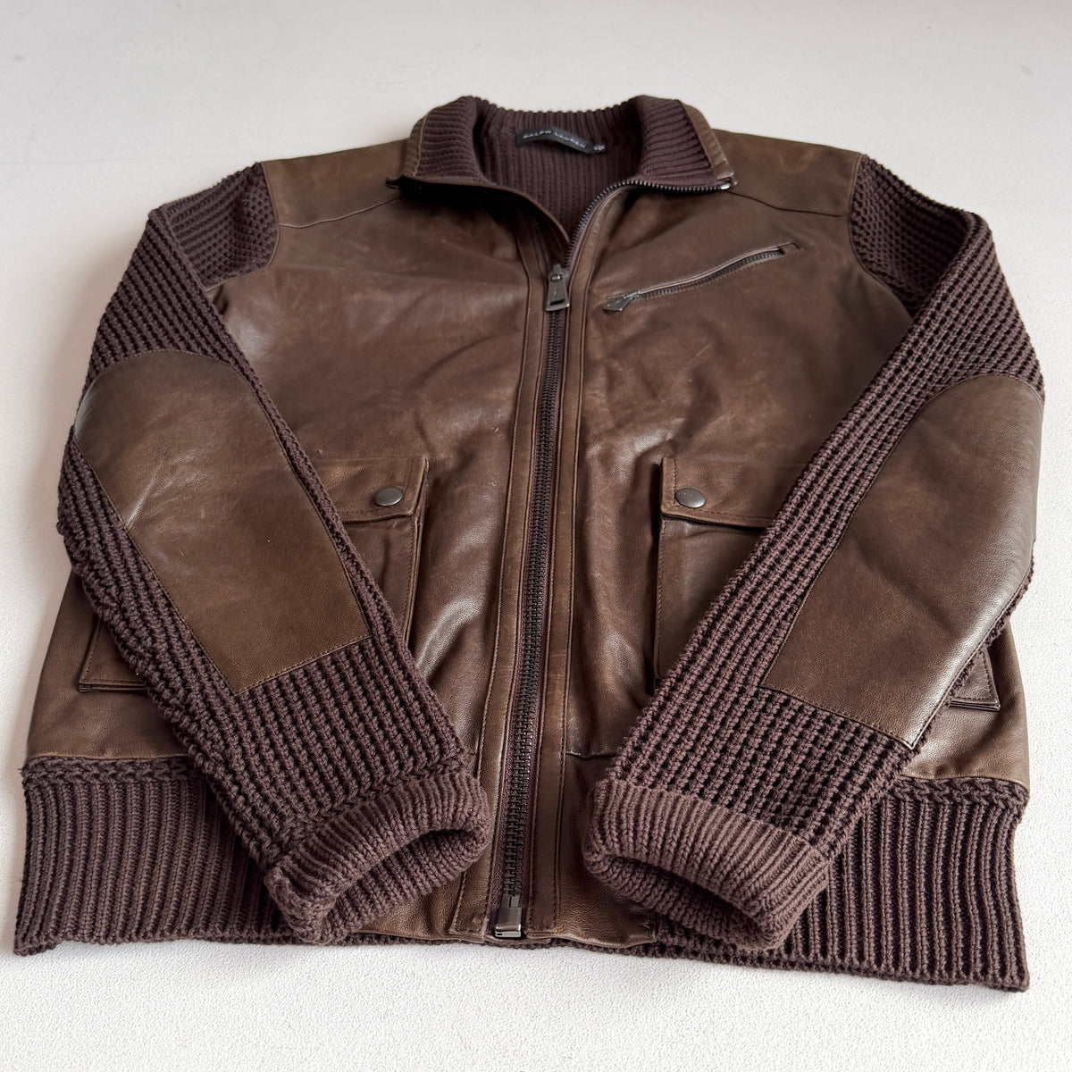 Ralph Lauren Black Label (S) Leather Front Cotton Knit Brown Cardigan Sweater