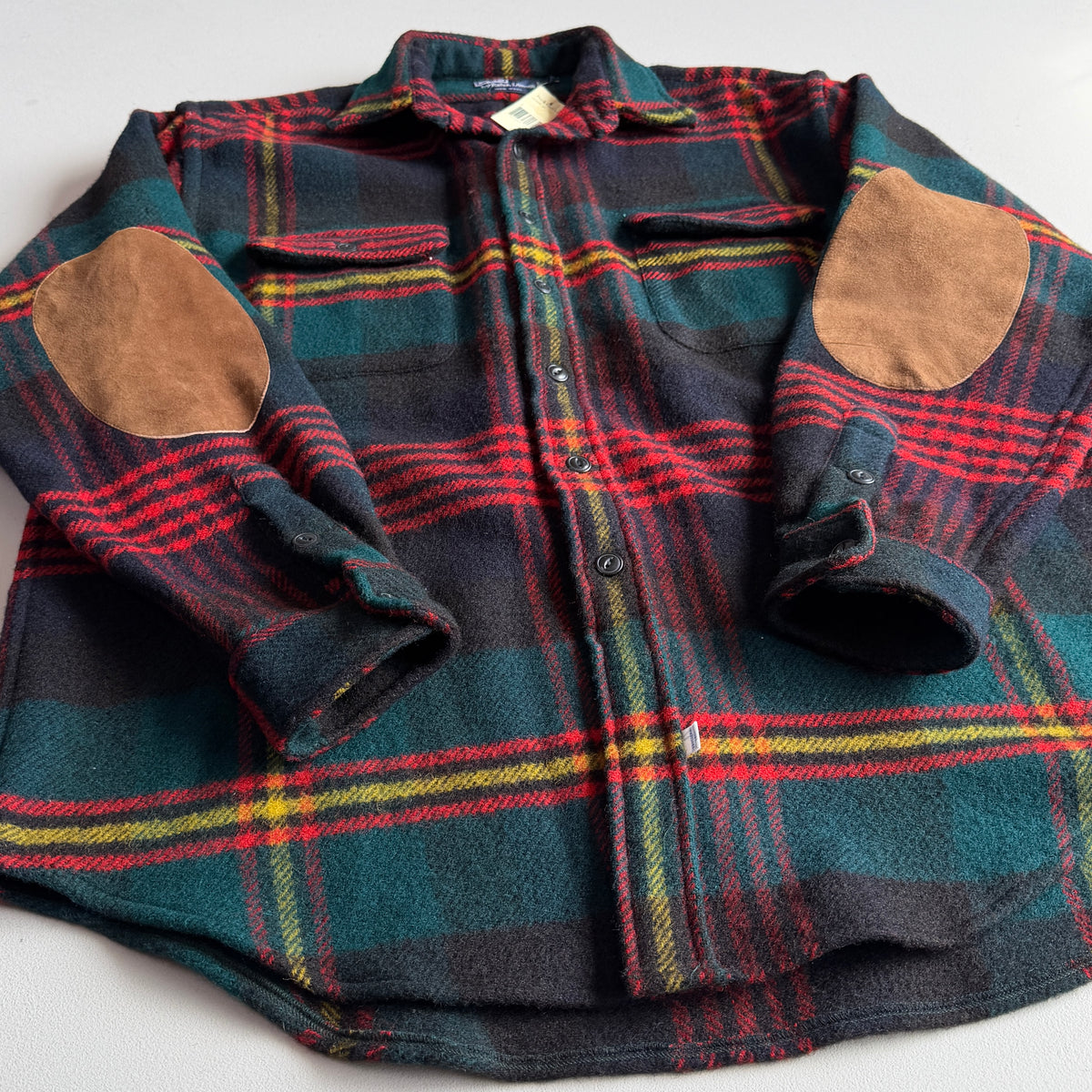 NWT VNTG Polo Ralph Lauren (L) 100% Wool Plaid Suede Elbow Overshirt