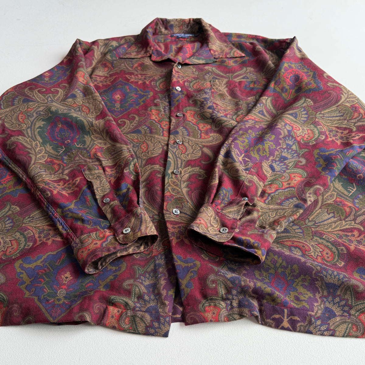 VNTG Polo Ralph Lauren (XL) Wool Paisley Maroon Camp Collar Shirt
