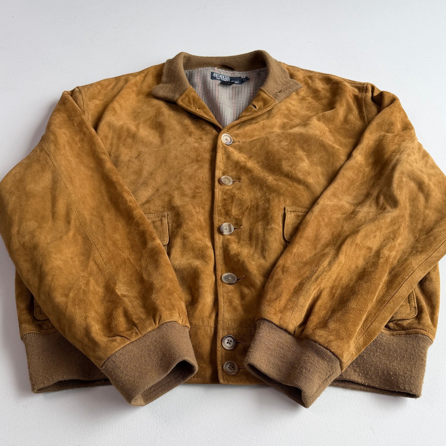 Polo Ralph Lauren (XL) Mustard Brown Suede Leather Button Bomber Jacket