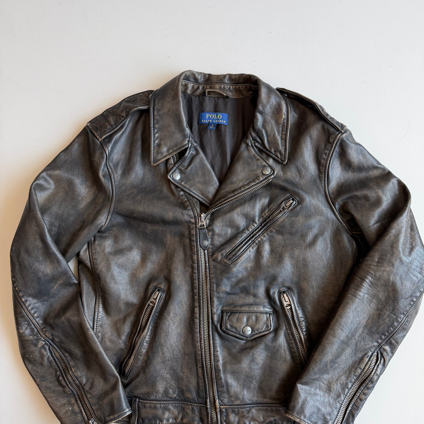 MINT! Polo Ralph Lauren (L) Bronze Leather Horizontal Zip Motorcycle Jacket