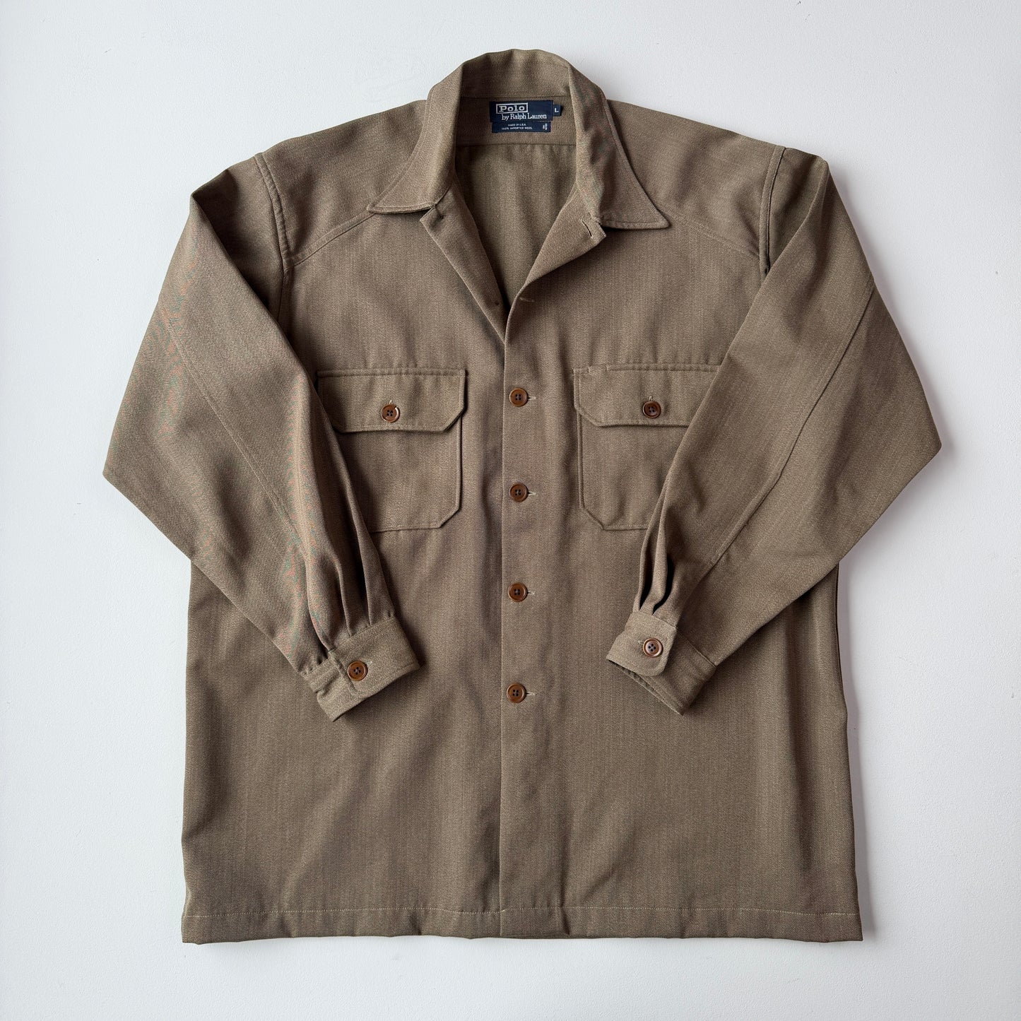 VNTG Polo Ralph Lauren (L) 100% Wool Whipcord Olive Military WWII Shirt