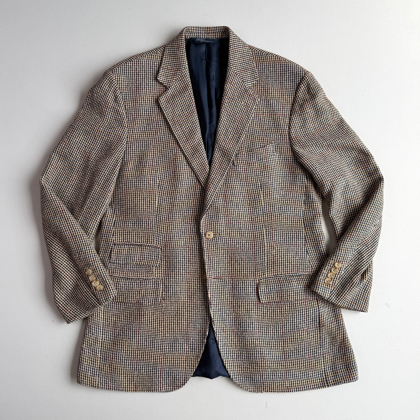 VNTG Polo Ralph Lauren (42R) 100% Silk Blue & Beige w/ Red Overcheck Sport Coat
