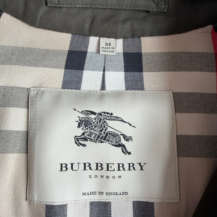 Burberry (54 IT) Kensington Gaberdine Cotton Olive Green Mid-Length Trench Coat