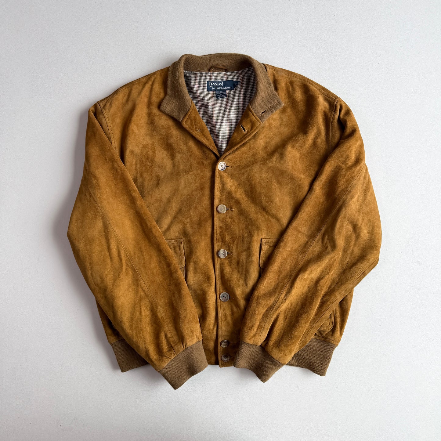 Polo Ralph Lauren (XL) Mustard Brown Suede Leather Button Bomber Jacket