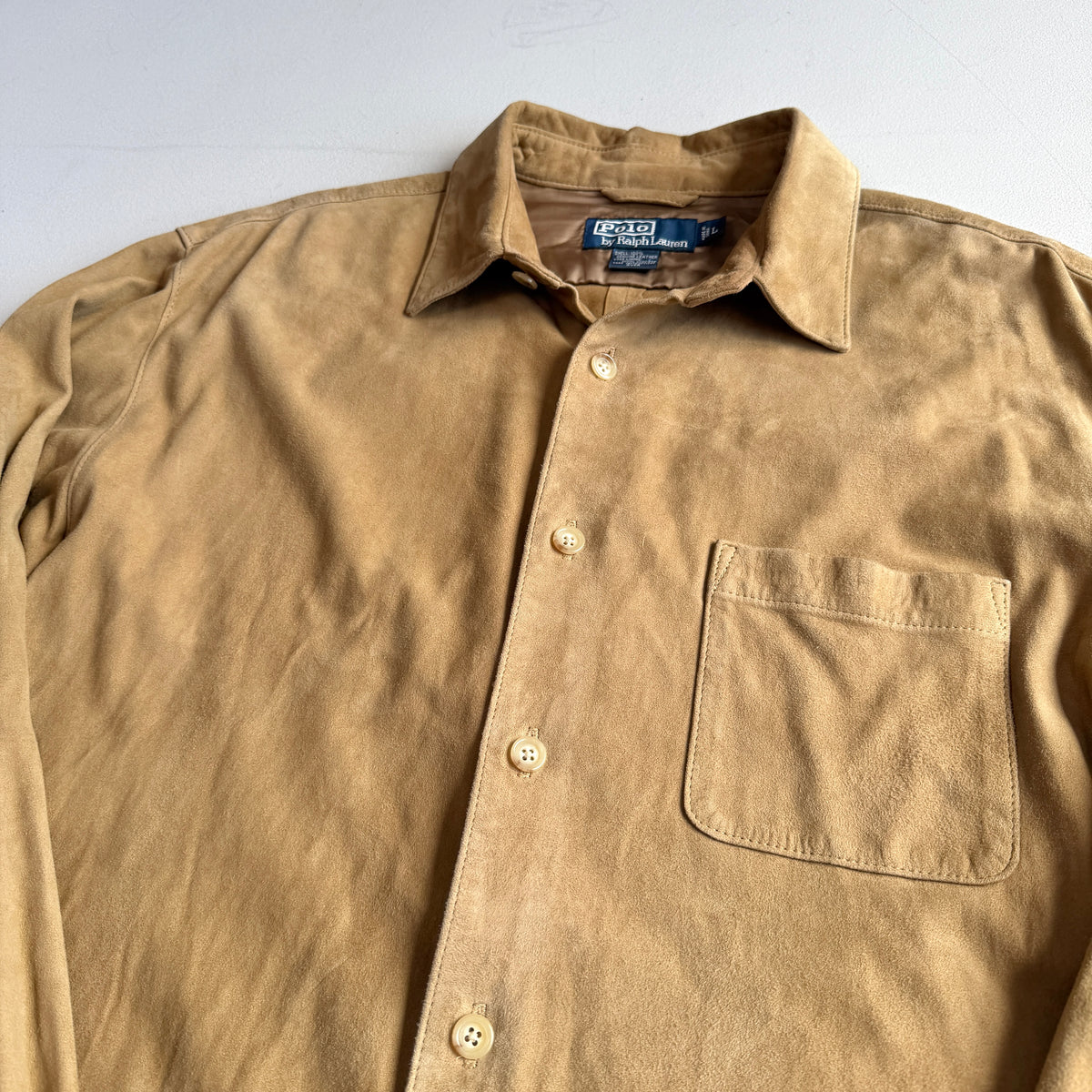 Polo Ralph Lauren (L) Suede Leather Tan Button Front Long Sleeve Shirt