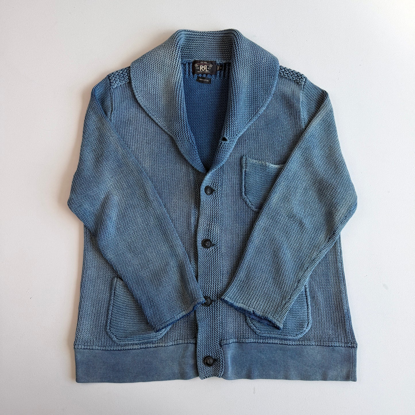 RRL Ralph Lauren (XL) Sun-Faded Indigo Cotton Knit Cardigan Sweater