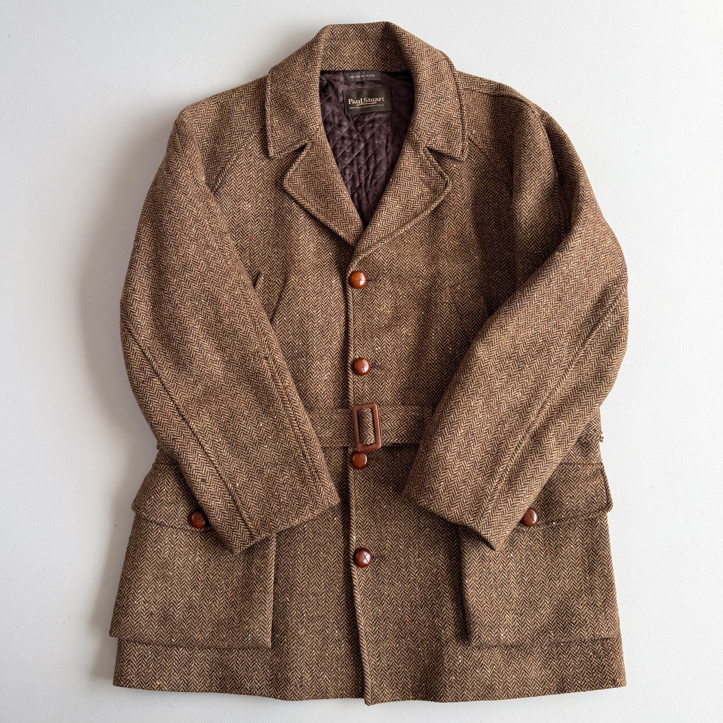 VNTG Paul Stuart (54) Tweed Wool Belted Balmacaan Norfolk-Style Field Coat