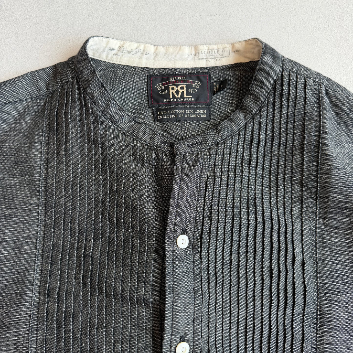 RRL Ralph Lauren (L) Pleated Bib Tuxedo Collar French Cuff Chambray Shirt