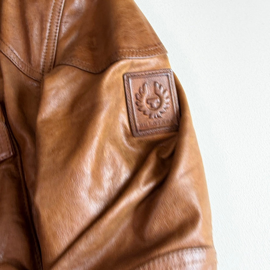 NWT Belstaff (58IT / 2XLT) Panther Cognac Four Pocket Leather Motorcycle Jacket