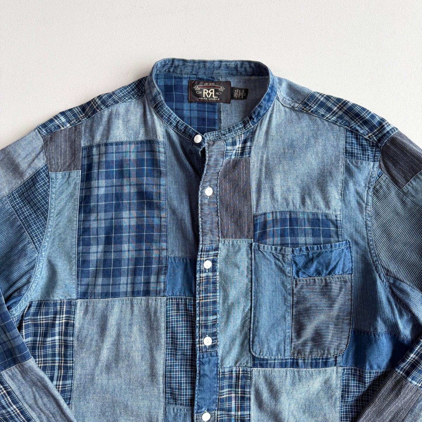 RRL Ralph Lauren (L) Indigo Patchwork Band Collar Button Front Shirt