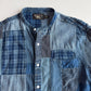 RRL Ralph Lauren (L) Indigo Patchwork Band Collar Button Front Shirt