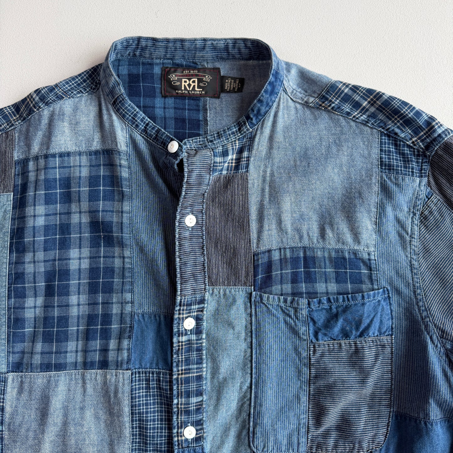 RRL Ralph Lauren (L) Indigo Patchwork Band Collar Button Front Shirt
