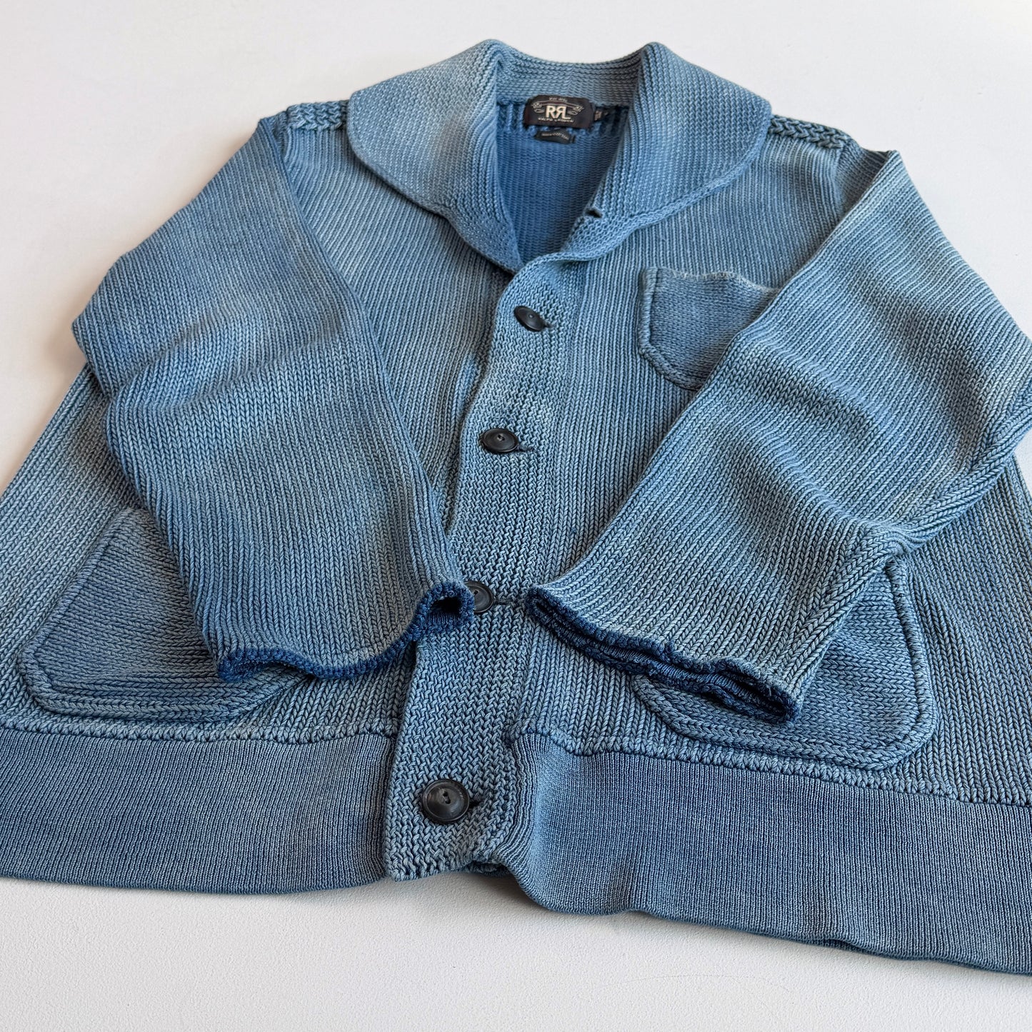 RRL Ralph Lauren (XL) Sun-Faded Indigo Cotton Knit Cardigan Sweater