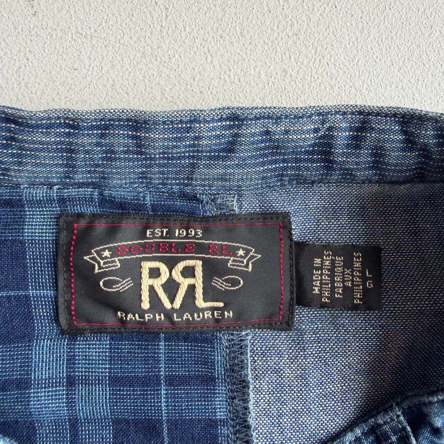 RRL Ralph Lauren (L) Indigo Patchwork Band Collar Button Front Shirt