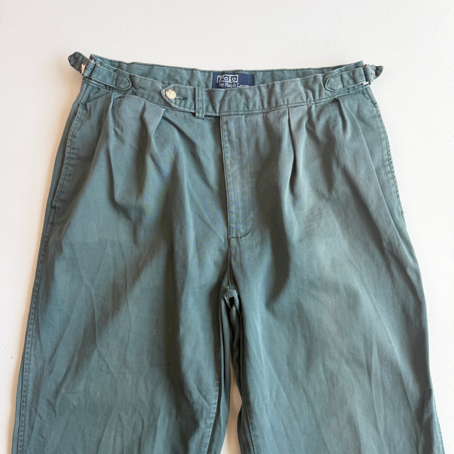 VNTG Polo Ralph Lauren (33x30) Dusty Turquoise Pleated Side Tab Cotton Chinos