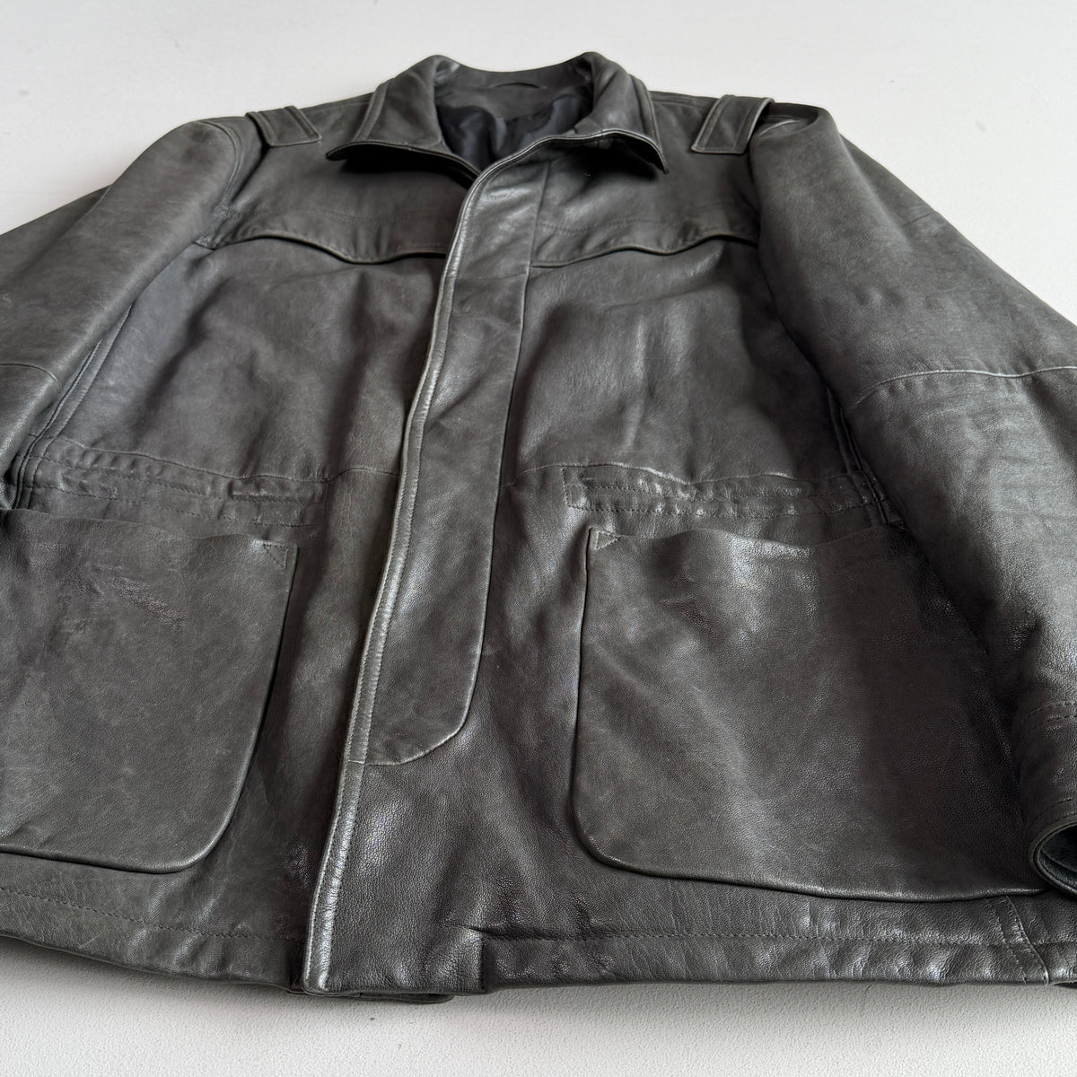 Z Zegna (54 /XL) Leather Charcoal Gray Motorcycle Utility Coat Jcket