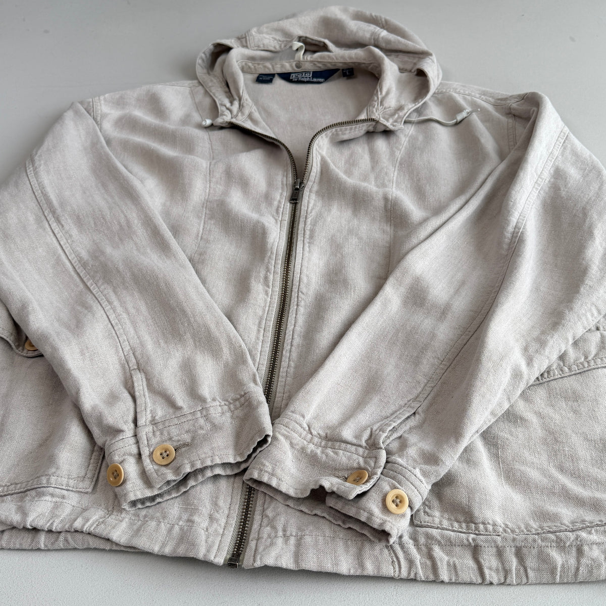 VNTG Polo Ralph Lauren (L) 100% Linen Almond-Color Zip Hooded Jacket