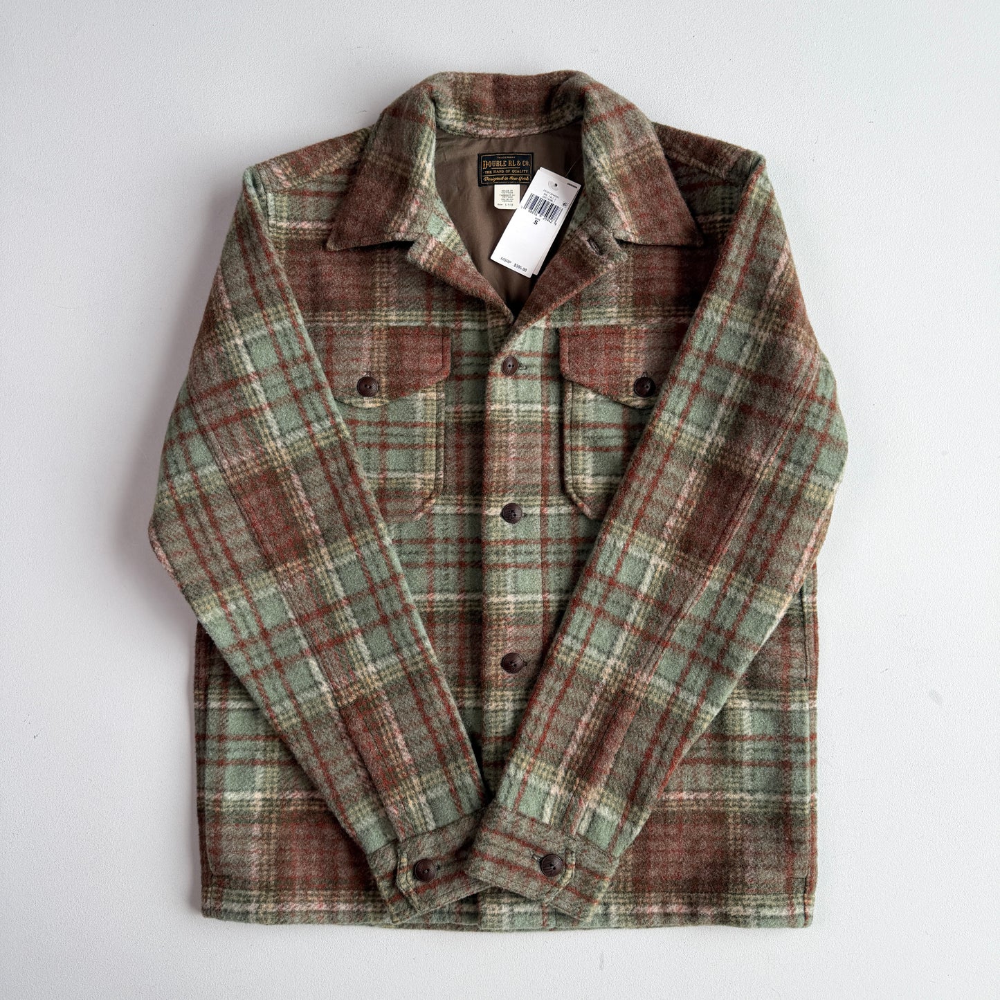 NWT RRL Ralph Lauren (S) Wool Blend Sage/Maroon Plaid Fleece Overshirt