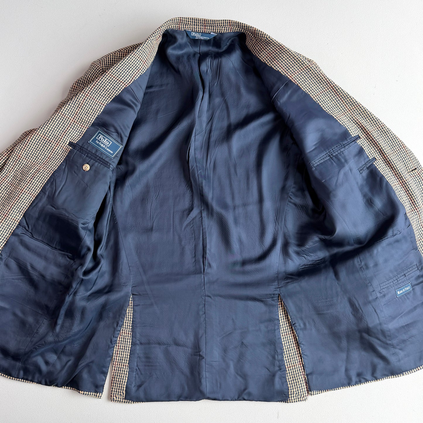 VNTG Polo Ralph Lauren (42R) 100% Silk Blue & Beige w/ Red Overcheck Sport Coat