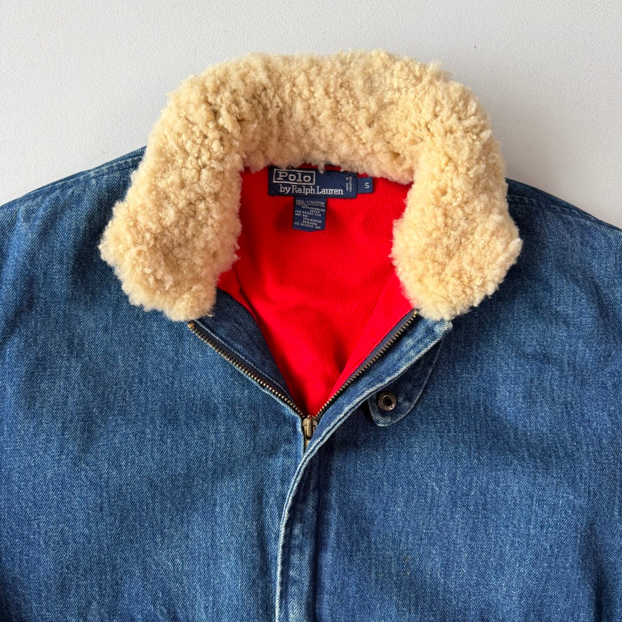 VNTG Polo Ralph Lauren (S) Shearling Collar Denim Flannel Lined Bomber Jacket