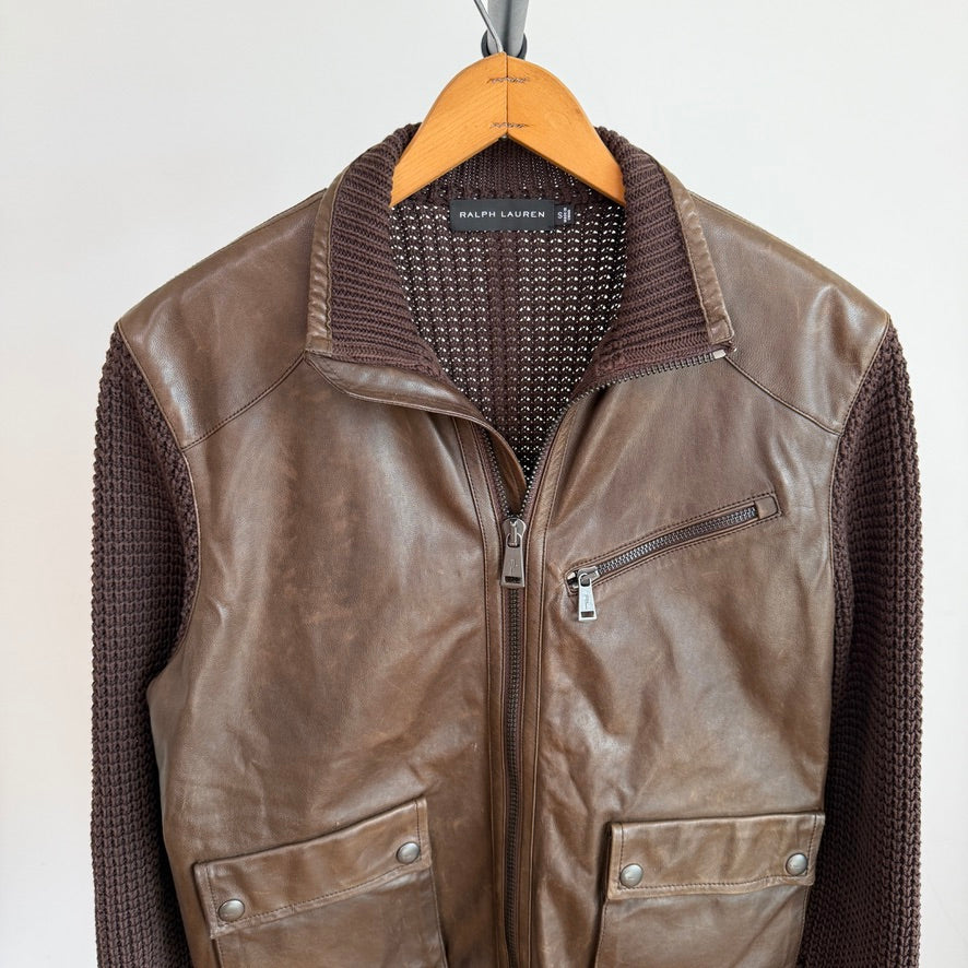 Ralph Lauren Black Label (S) Leather Front Cotton Knit Brown Cardigan Sweater