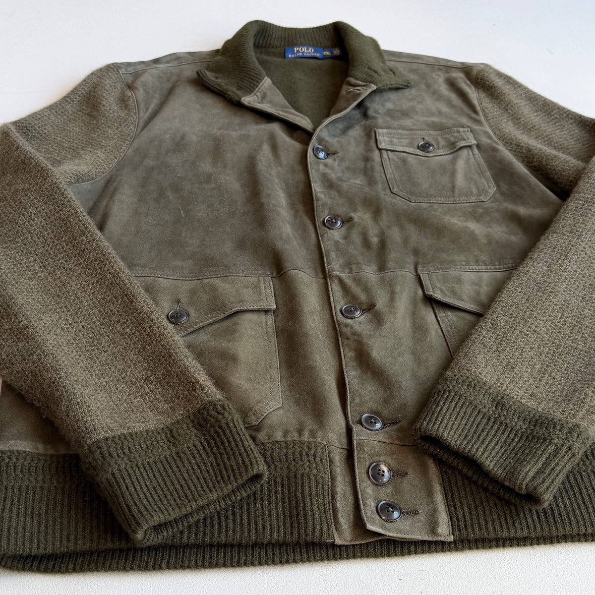 Polo Ralph Lauren (2XL) Suede Leather Front Wool/Cashmere Button Jacket Cardigan