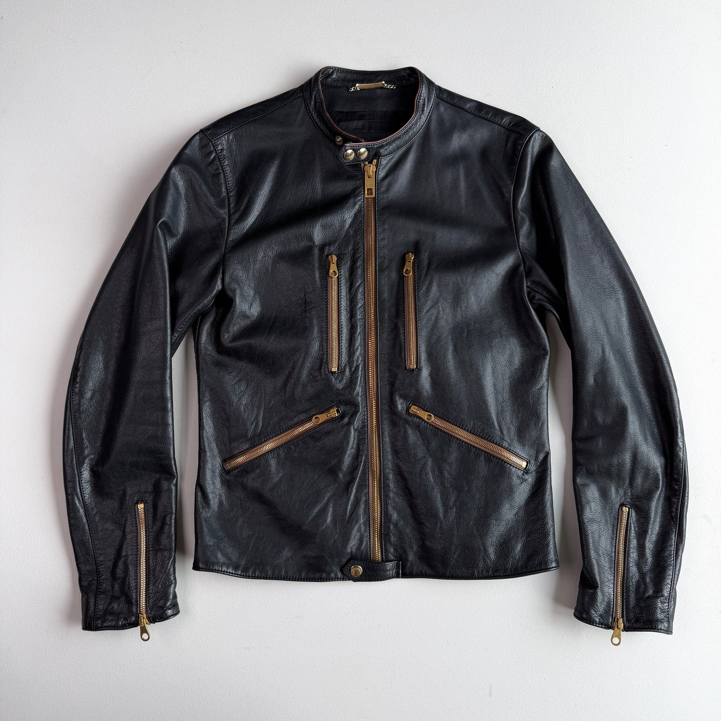 Dolce & Gabbana (48IT / M) Black Leather Brass Zipper Cafe Racer Jacket