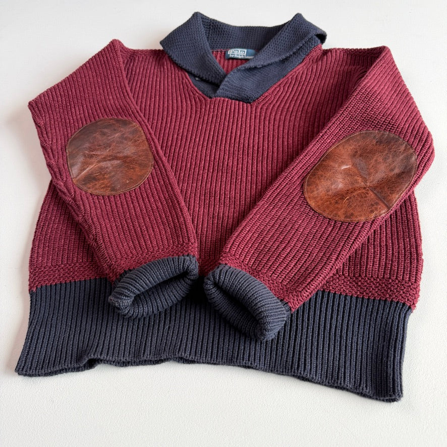 Polo Ralph Lauren (S) 100% Wool Maroon Shawl Collar Rib-Knit Sweater