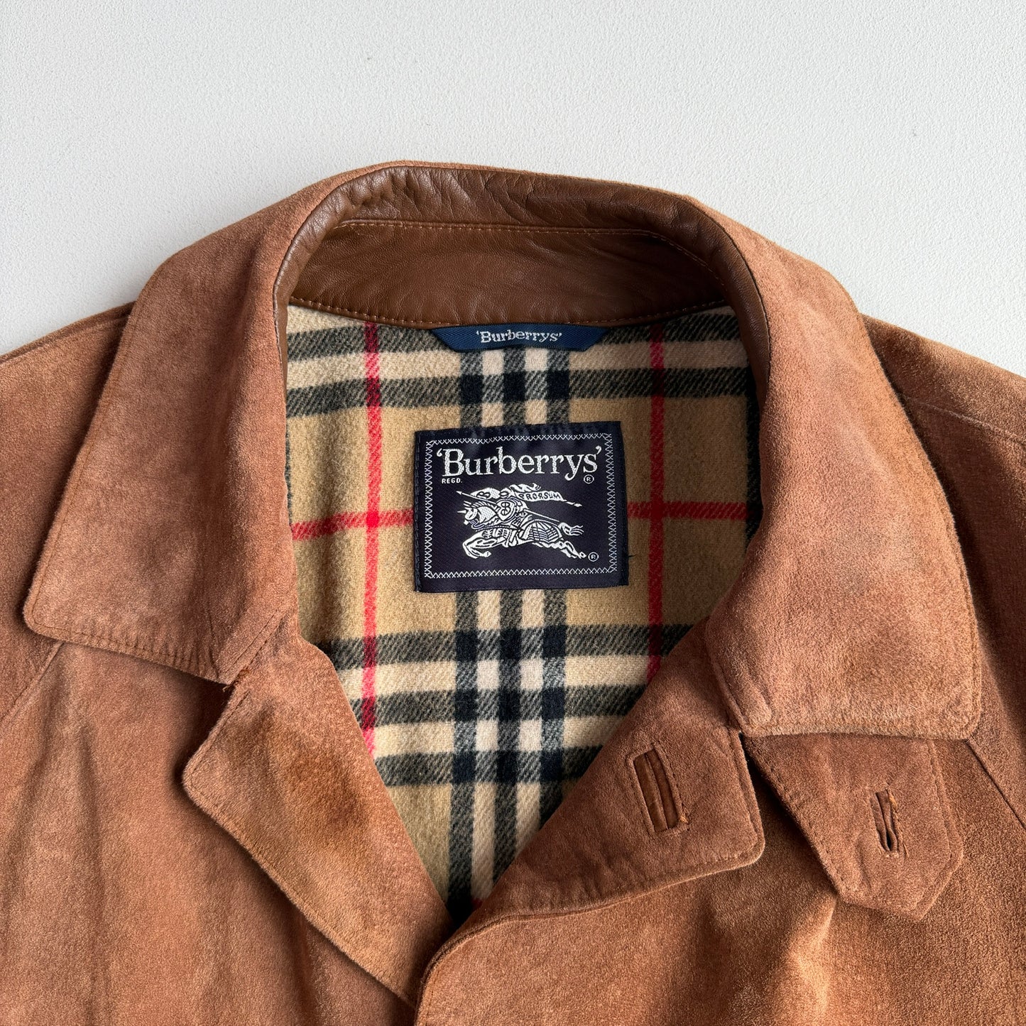 Burberry (52 /54) Suede Nova Check Raglan Balmacaan Leather Coat