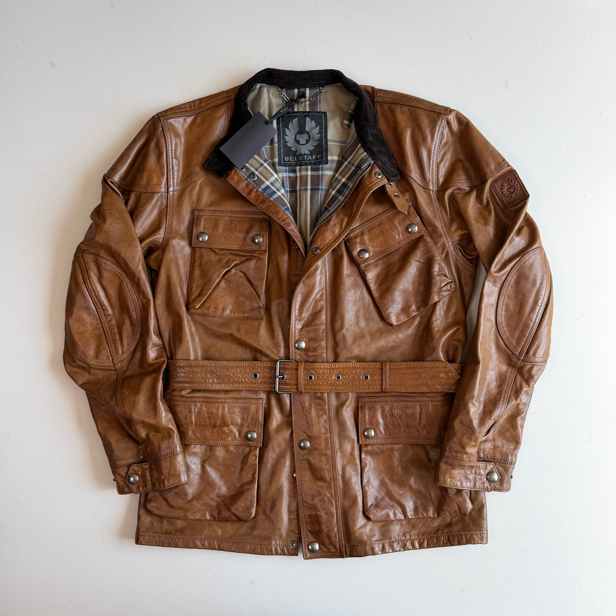 NWT Belstaff (58IT / 2XLT) Panther Cognac Four Pocket Leather Motorcycle Jacket