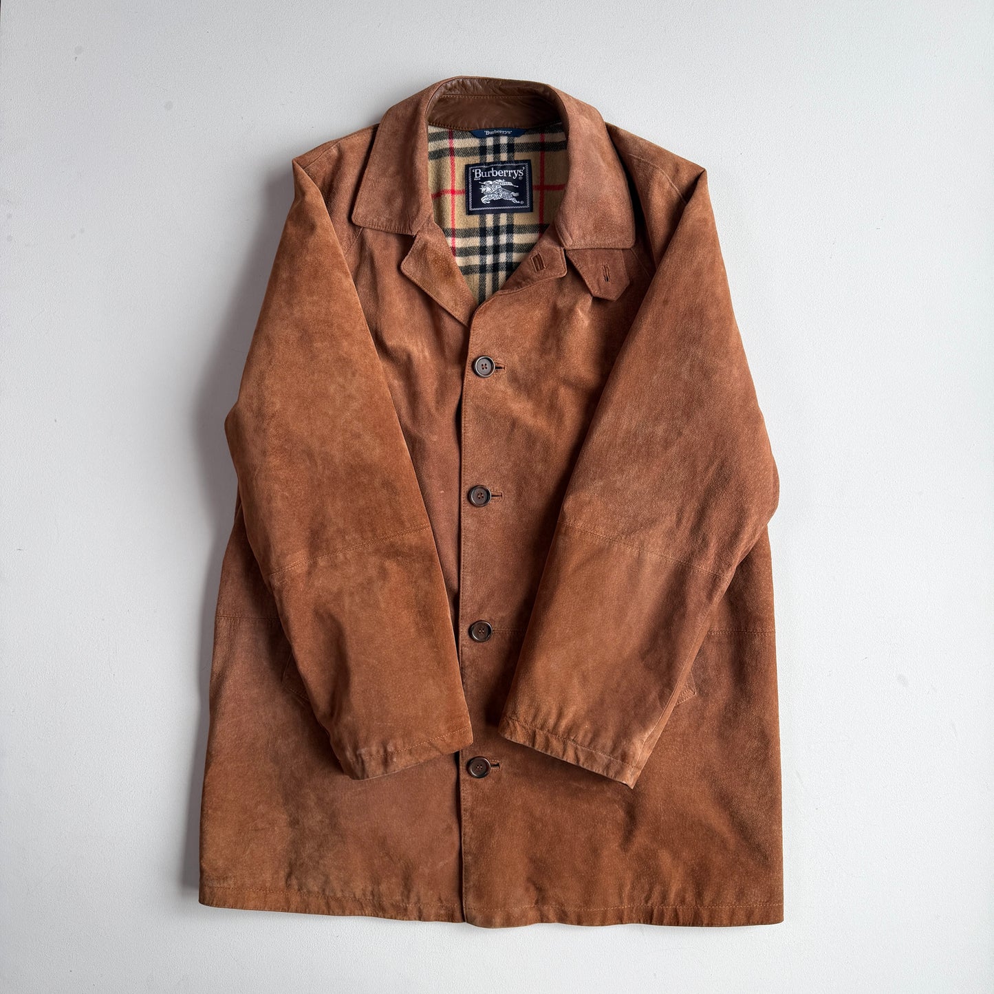Burberry (52 /54) Suede Nova Check Raglan Balmacaan Leather Coat
