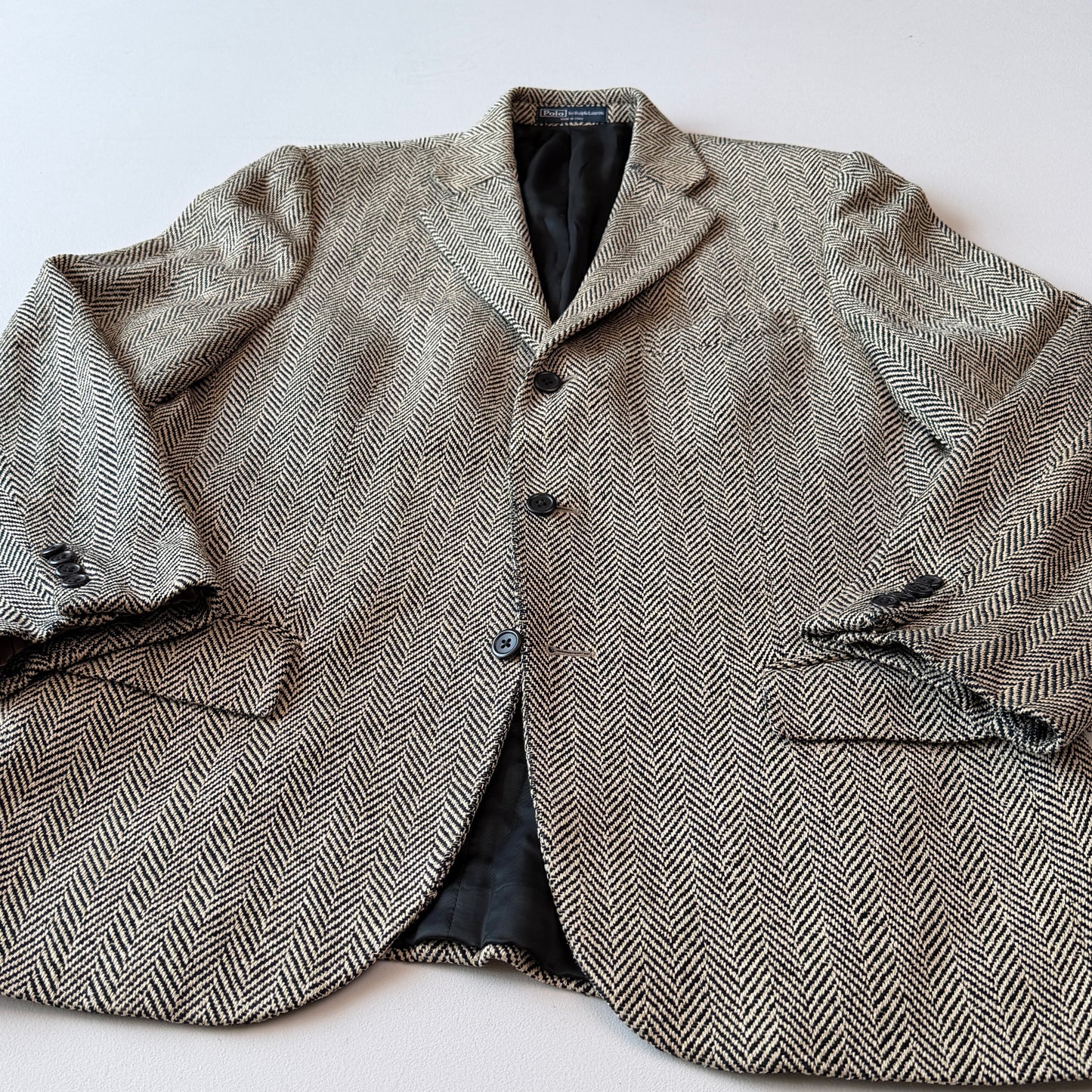 VNTG Polo Ralph Lauren (40R) 100% Silk Herringbone Beige/Black Sports Coat