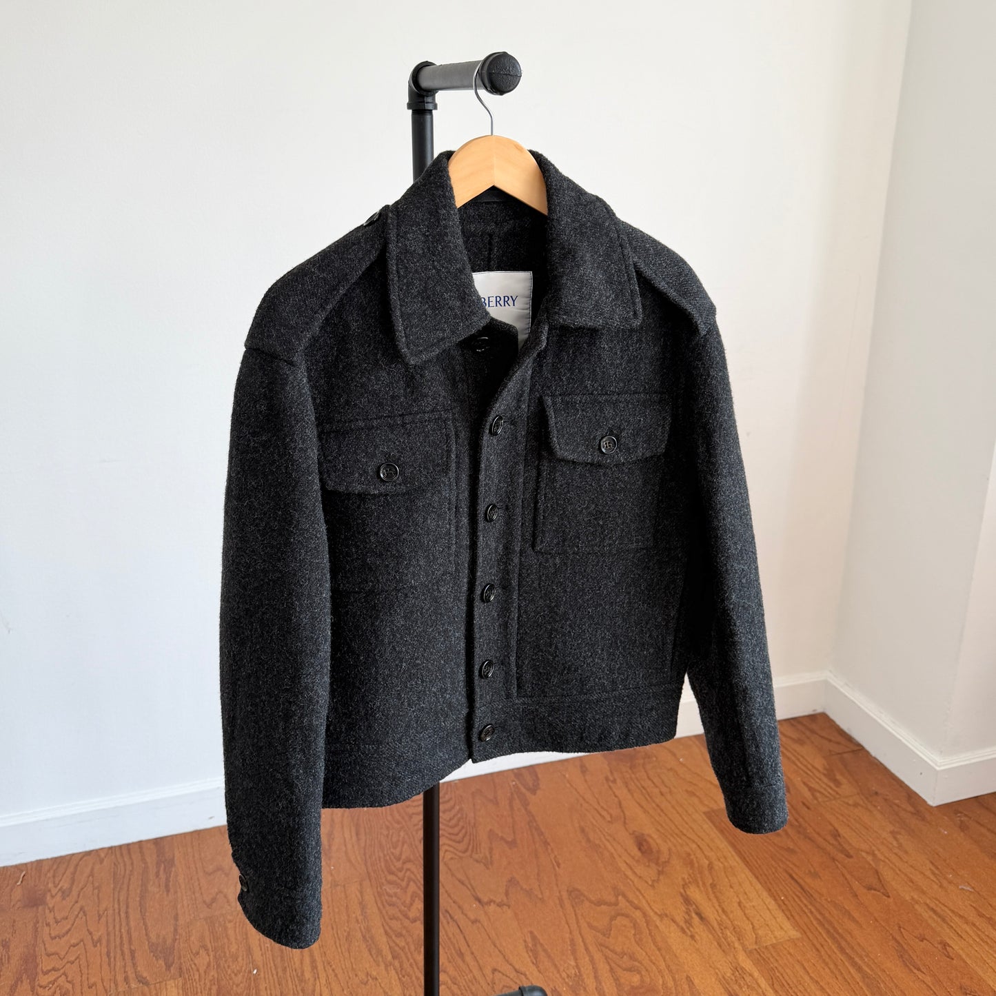 Burberry (48IT) 100% Wool Tweed Charcoal Military Button Jacket