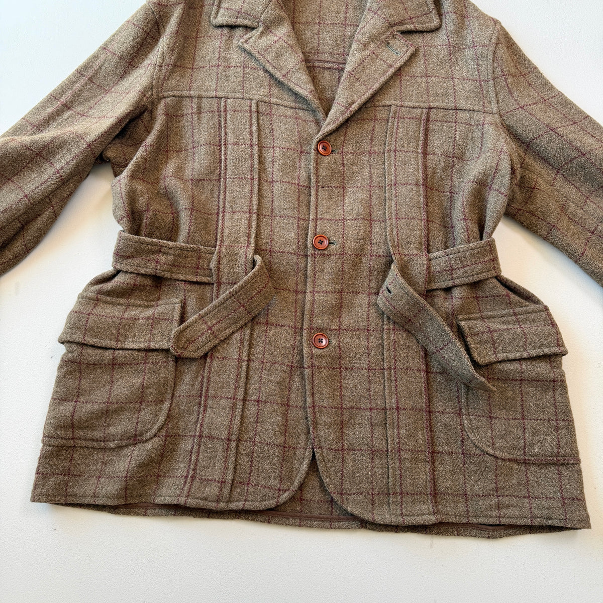 VNTG Polo Ralph Lauren (L) Wool Tweed Olive Windowpane Norfolk Coat Jacket
