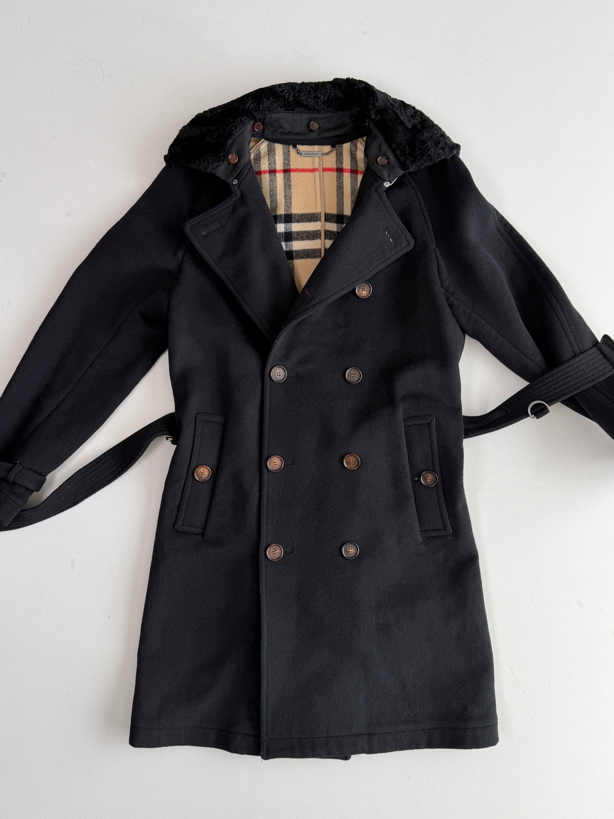 Burberry (50IT) 100% Wool Fleece Collar Double Breast Belted Trench Coat