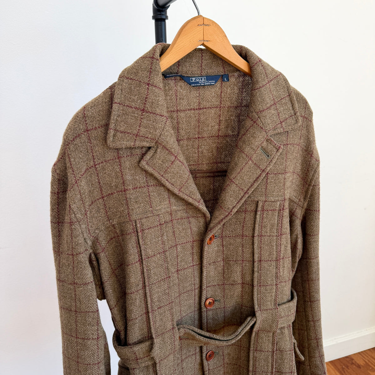 VNTG Polo Ralph Lauren (L) Wool Tweed Olive Windowpane Norfolk Coat Jacket