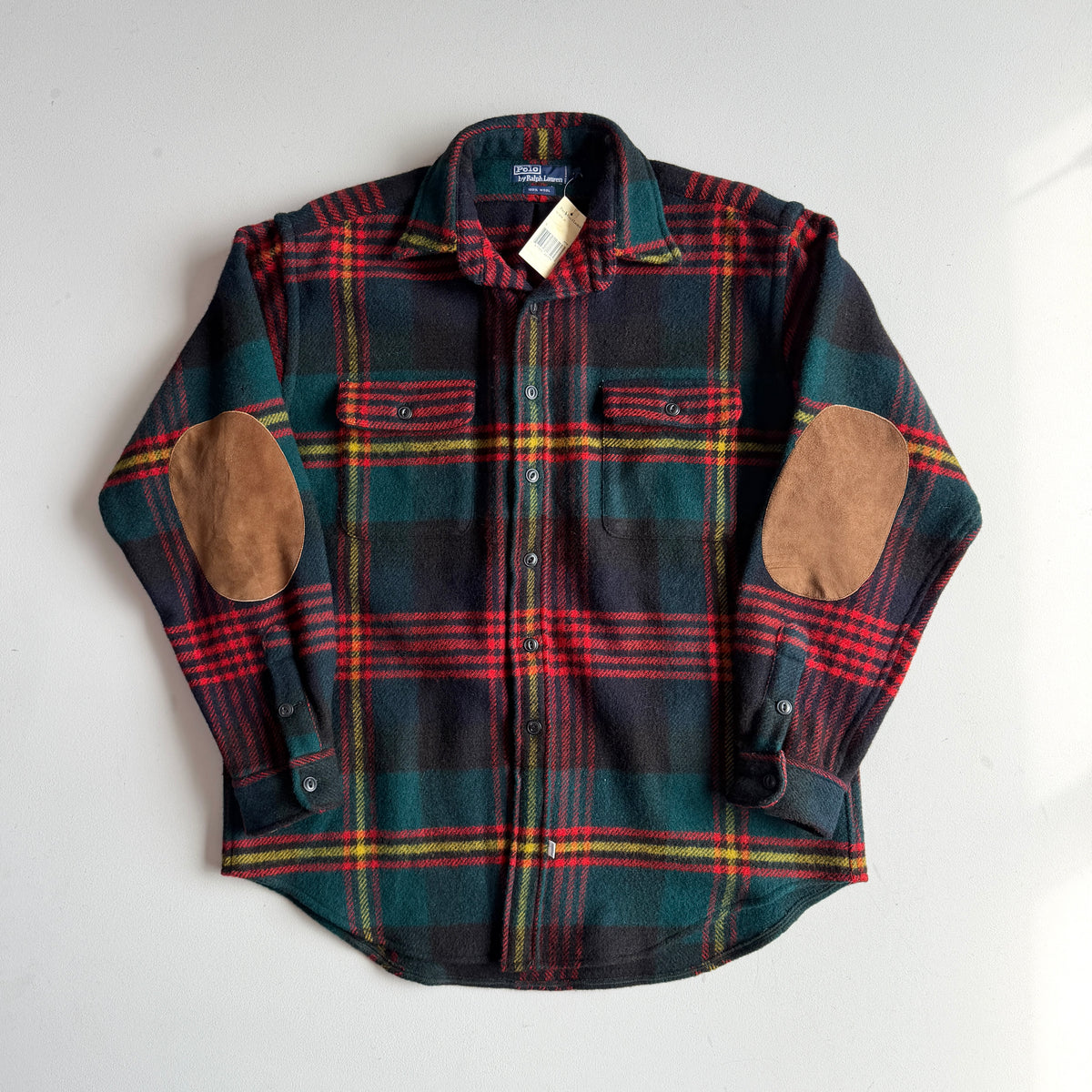 NWT VNTG Polo Ralph Lauren (L) 100% Wool Plaid Suede Elbow Overshirt
