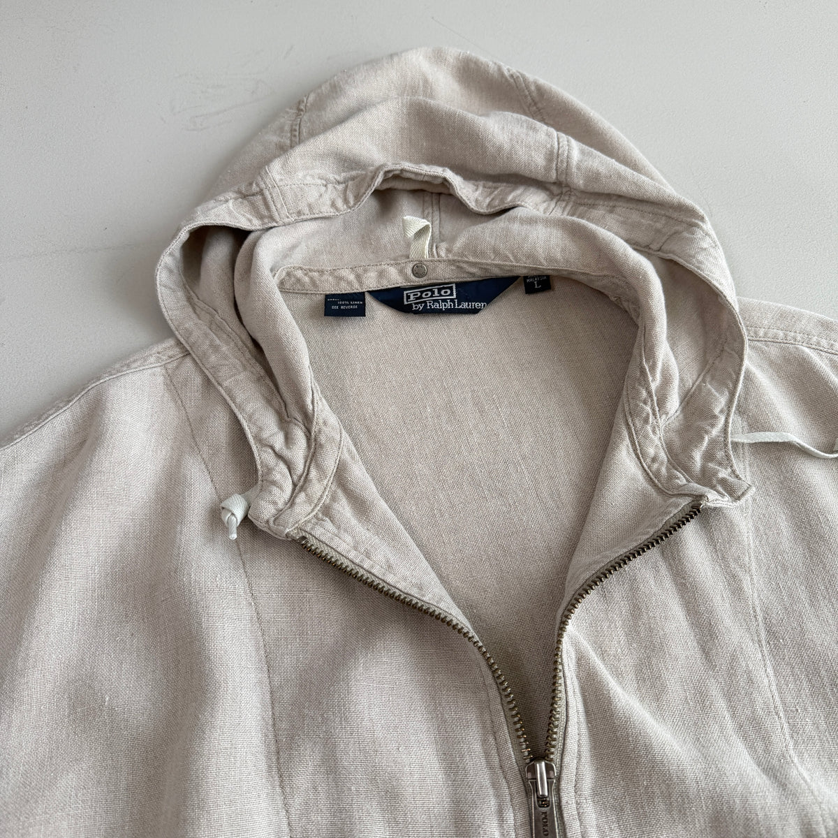 VNTG Polo Ralph Lauren (L) 100% Linen Almond-Color Zip Hooded Jacket